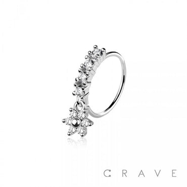 CZ 6 PETALS FLOWER PRONG DANGLE ROUND CZ GEM O-RING NOSE HOO