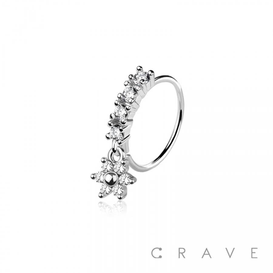 CZ 6 PETALS FLOWER PRONG DANGLE ROUND CZ GEM O-RING NOSE HOO