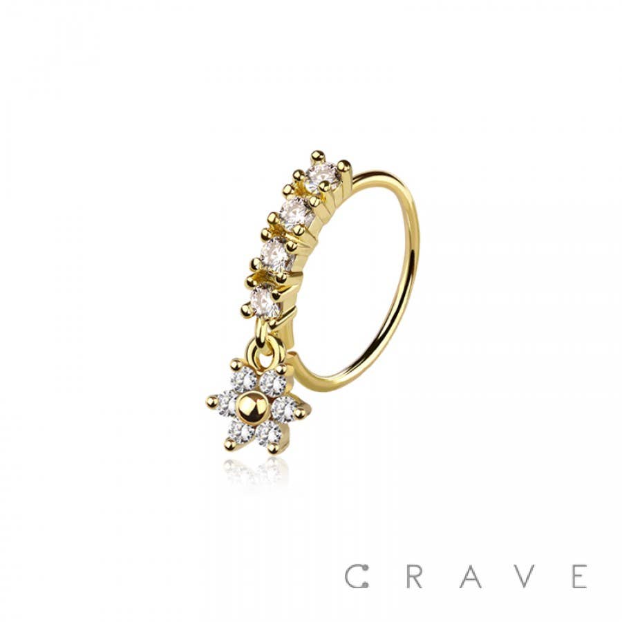 CZ 6 PETALS FLOWER PRONG DANGLE ROUND CZ GEM O-RING NOSE HOO